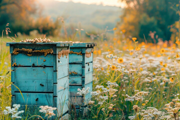 Beehives, wooden blue houses for bees on a flower meadow, background with copy space