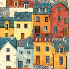 Fototapeta premium Seamless Pattern of Cobblestone Streets with Colorful Houses