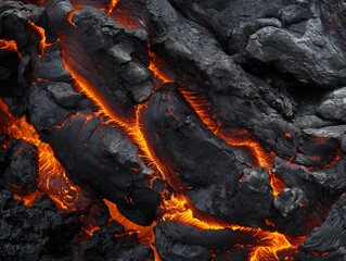 Close-up of glowing lava between cracks of cooling volcanic rock. - obrazy, fototapety, plakaty