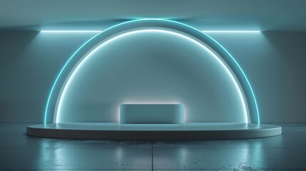 Game show stage with minimal design, metallic arch, blue LED lights. The arch's metallic finish adds a modern touch to the game show stage.