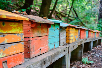 Beehives, apiary made of wooden colorful houses for bees, background with copy space