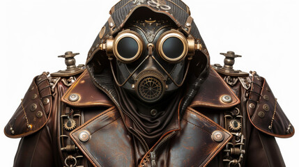 Fototapeta premium A dystopian steampunk machine costume with a brown leather jacket, mask and goggles isolated on a white background