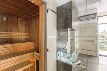 Finnish wooden sauna with benches and glass door. The shower cabin is nearby.
