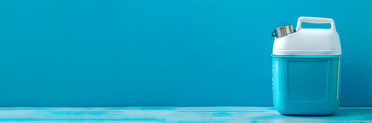 Beach cooler web banner. Beach cooler isolated on blue background with copy space.