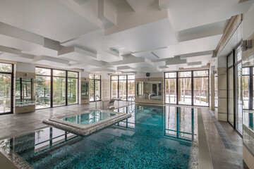 Private indoor swimming pool with Jacuzzi and waterfall jet. Panoramic windows and original ceiling...
