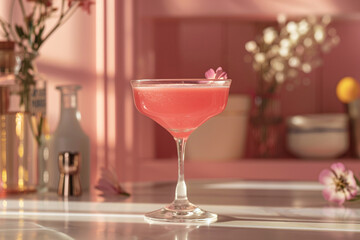 A pink cocktail glass filled with a refreshing pink drink.