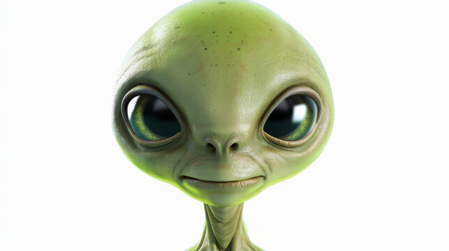 A fun green alien in a 3d cartoonish style, portrait isolated on a white background