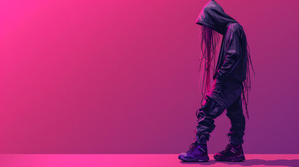 Young Person in Urban Streetwear with Hoodie on Vibrant Purple Background