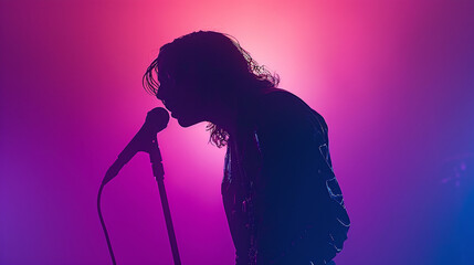 Silhouette of Rock Musician Singing on Stage Purple Lighting Performance