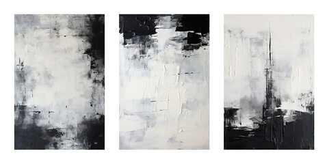 set of three black and white abstract oil painting on canvas, acrylic texture background, wave rough brushstrokes of paint
