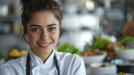 Fototapeta premium Smiling Female Chef in White Uniform with Healthy Dishes in Restaurant
