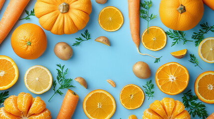 Vibrant Orange Carrots and Citrus Fruits on Light Blue Background