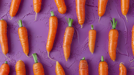 Orange Carrots Arranged on Textured Purple Background Healthy Food Concept - obrazy, fototapety, plakaty
