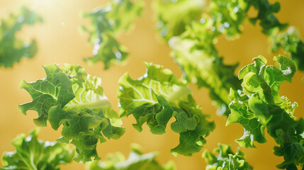 Fresh Green Lettuce Leaves Bathed in Sunlight on Warm Yellow Background