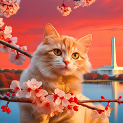 An illustration of a lovely orange tabby cat enjoying an outdoor activity in the park during springtime break in Washington DC