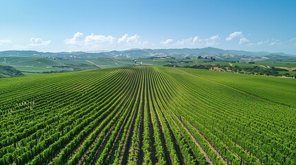 Sunlit Vineyard Rows Stretching Towards Hills Under Clear Blue Sky