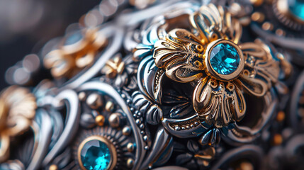 Elegant Victorian Style Jewelry with Intricate Gold Floral Design and Blue Gemstones