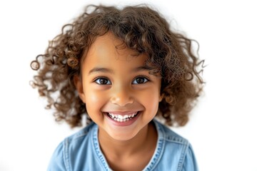 Smiling Girl Happy Portrait of a Children, White Background Studio Photo of Cheerful People Showing Emotion, Female Child Hair Fashion Clothing Model