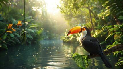 Fototapeta premium Toucan Perched by Tranquil River in Lush Rainforest at Sunrise