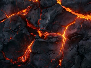 Close-up of fiery lava cracks weaving through dark cooled lava surfaces, representing natural power and geological activity. - obrazy, fototapety, plakaty