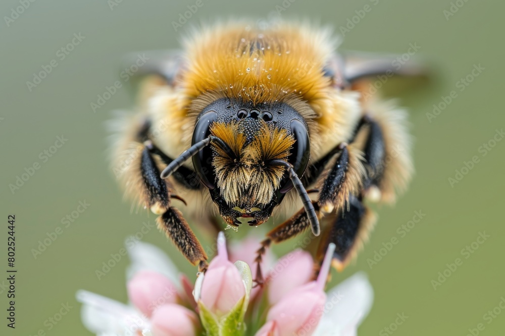 Poster a detailed macro shot capturing the intricate textures and colors of a bumblebee pollinating a flowe
