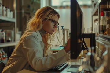 Blonde pharmaceutical scientist using computer while working in laboratory