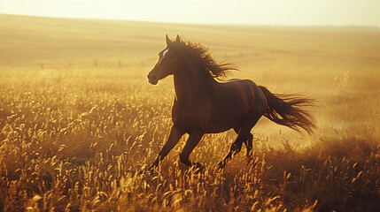 Majestic Chestnut Horse Galloping in Golden Sunset Light Across Field