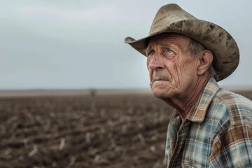 A contemplative farmer wearing a cowboy hat looks over his vast, barren field