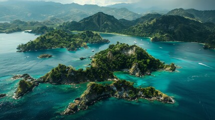 Breathtaking aerial view of lush green islands surrounded by vibrant turquoise waters, perfect for summer vacations and nature exploration.