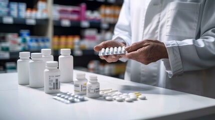 Efficient pharmacist organizing various medications on counter in modern pharmacy, promoting healthcare and patient safety.