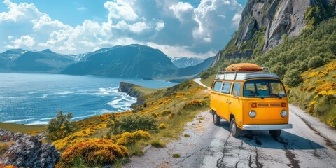 Stunning coastal road trip with vintage yellow camper van along lush Scandinavian fjords under clear blue skies, ideal for summer getaway vibes.