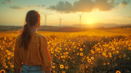 Glowing sunset over sunflower field with one woman enjoying nature, sustainable energy from wind turbines in background.