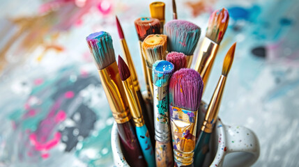 Fototapeta premium Vibrant Array of Paint Brushes on Colorful Artistic Palette