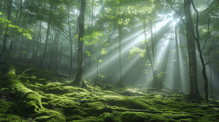 Sunlight Beams Through Misty Forest with Vibrant Green Moss and Trees