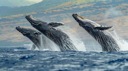 Three Humpback Whales Leaping from Ocean Water Against Mountain Background