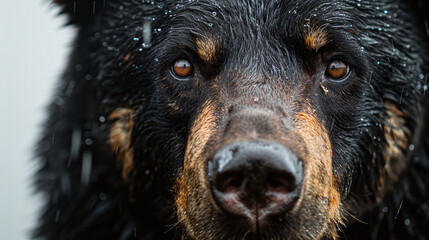Close Up of Wet Black Dog with Brown Eyes in Rain Detail