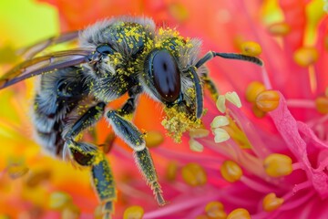 A stunning detailed perspective of a bee with its body speckled with bright yellow pollen grains from a flower