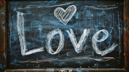 Romantic White Chalk Love Message on Vintage Blackboard with Heart