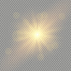Bright Star. Transparent shining sun, bright flash. Sparks glitter special light effect. Sparkling magic dust particles. Vector illustration.
