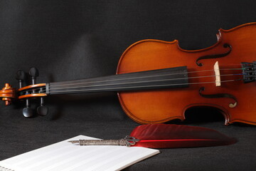 Fototapeta premium violin partitura tumbado fondo negro