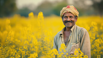 Indian farmer standing at mustard agriculture field