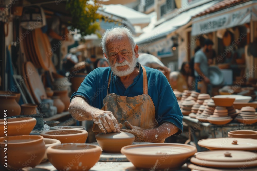Poster an elderly artisan skillfully shapes clay on a potter's wheel amidst the rustic charm of a pottery w
