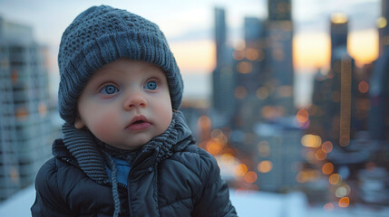 Cute Blue Eyed Baby in Grey Knit Hat City Sunset Bokeh Background