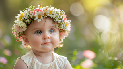 Adorable Baby Girl Wearing Flower Crown in Sunny Garden Setting