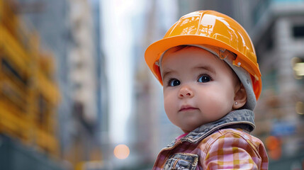 Adorable Baby Girl in Orange Hard Hat Watching Urban Construction Work