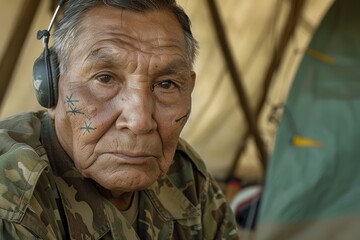 An elderly Native American man with face paint looks pensively while sitting inside a tent