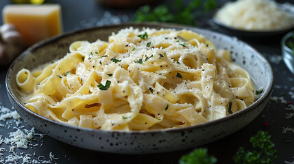 Creamy Fettuccine Alfredo Pasta Topped with Parmesan and Herbs in Ceramic Dish