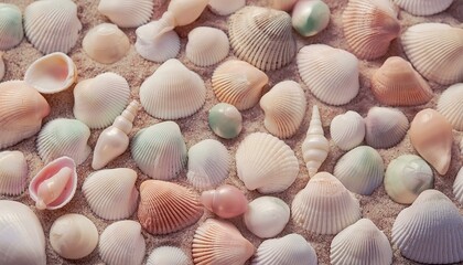 seashells on the beach, background of a collection of shells on the beach