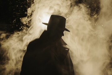 Mysterious silhouette of a person in a hat emerges from the smoke, backlight highlighting the enigmatic vibe