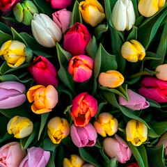 Fototapeta premium Colorful bouquet of colorfull tulips. Top view.
